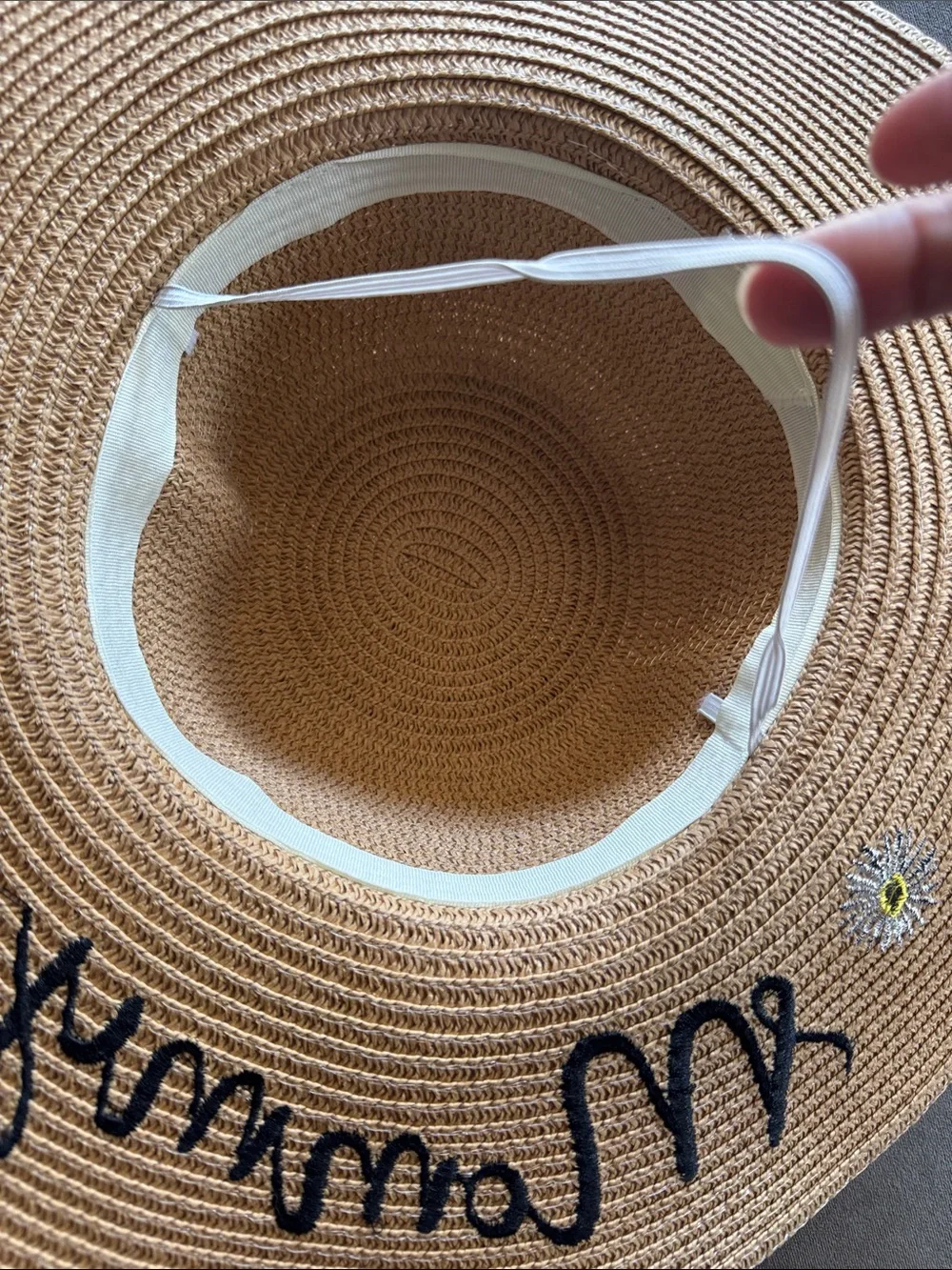 Wide Brim Straw Sun Hat with 'Mommy' Script & Daisy Embroidery One Size NEW